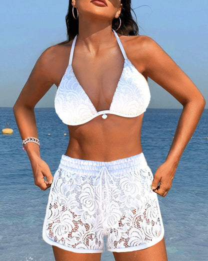 Caroline | Ensemble de bikini en dentelle unie élégant