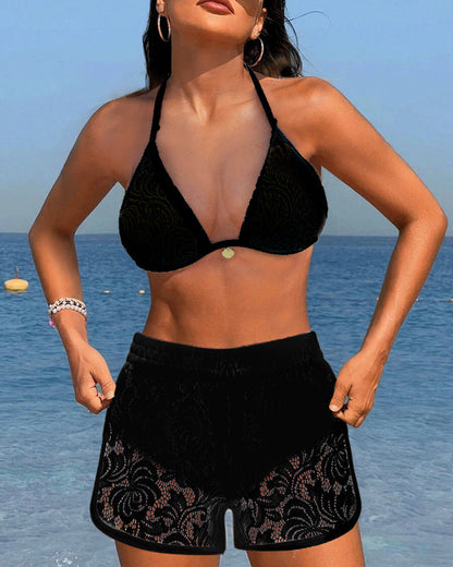 Caroline | Ensemble de bikini en dentelle unie élégant