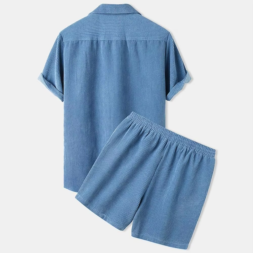 Men's Summer Corduroy 2-Piece Outfit – Short Sleeve Shirt & Shorts