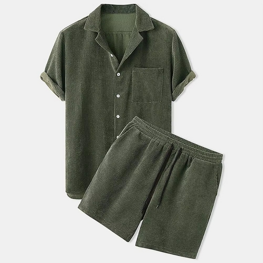 Men's Summer Corduroy 2-Piece Outfit – Short Sleeve Shirt & Shorts