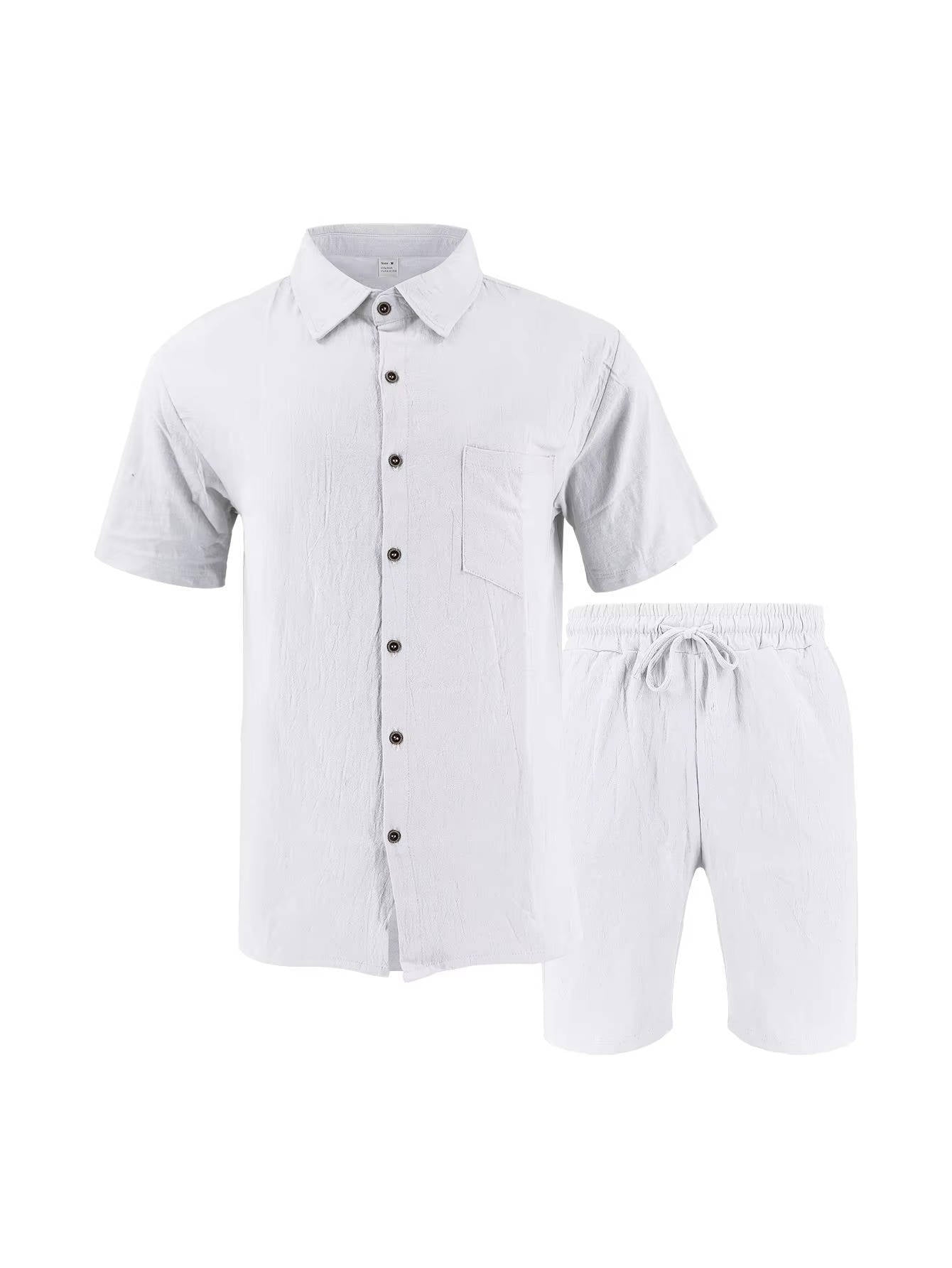 Men's Linen Short Sleeve Button-Up Shirt and Shorts Set for Summer
