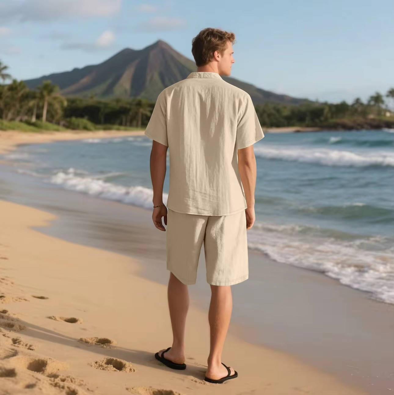 Men's Linen Short Sleeve Button-Up Shirt and Shorts Set for Summer