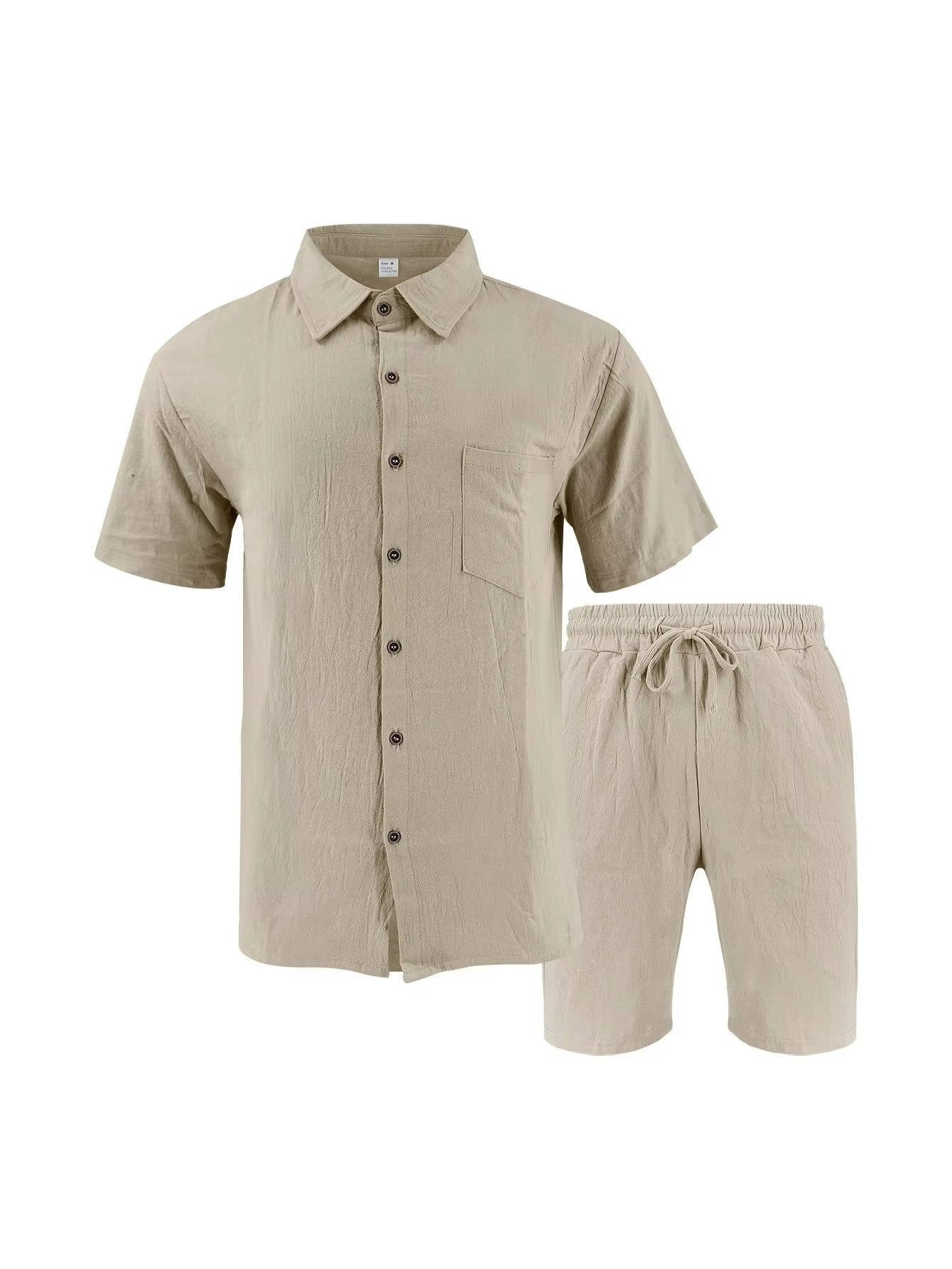 Men's Linen Short Sleeve Button-Up Shirt and Shorts Set for Summer