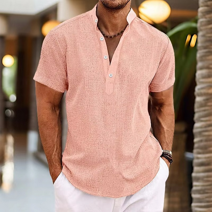 Men's Short Sleeve Casual Linen Henley Top