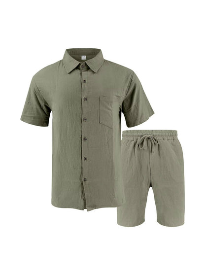 Men's Linen Short Sleeve Button-Up Shirt and Shorts Set for Summer