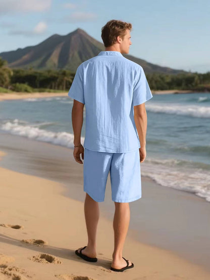 Men's Linen Short Sleeve Button-Up Shirt and Shorts Set for Summer