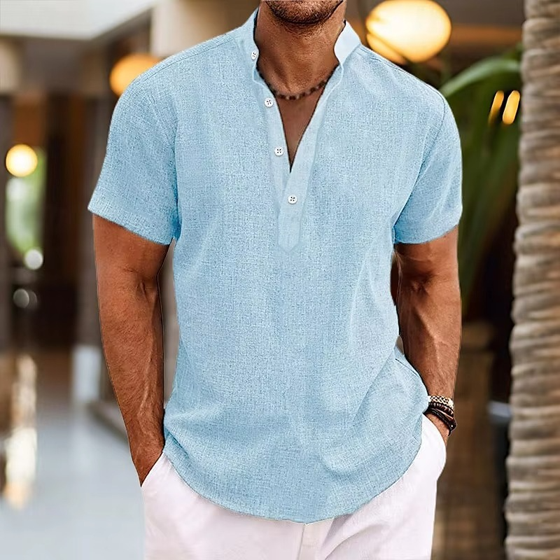 Men's Short Sleeve Casual Linen Henley Top