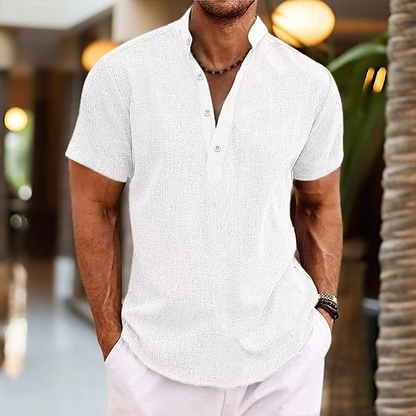 Men's Short Sleeve Casual Linen Henley Top