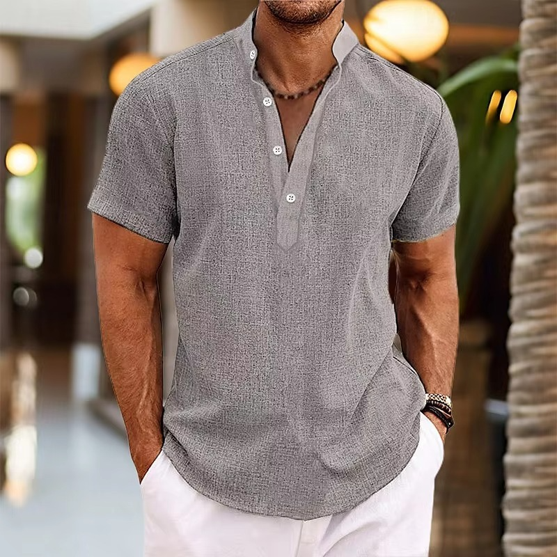 Men's Short Sleeve Casual Linen Henley Top