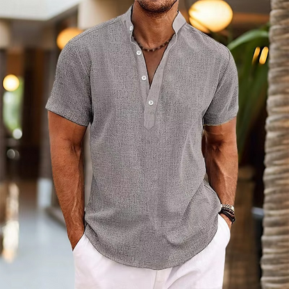 Men's Short Sleeve Casual Linen Henley Top