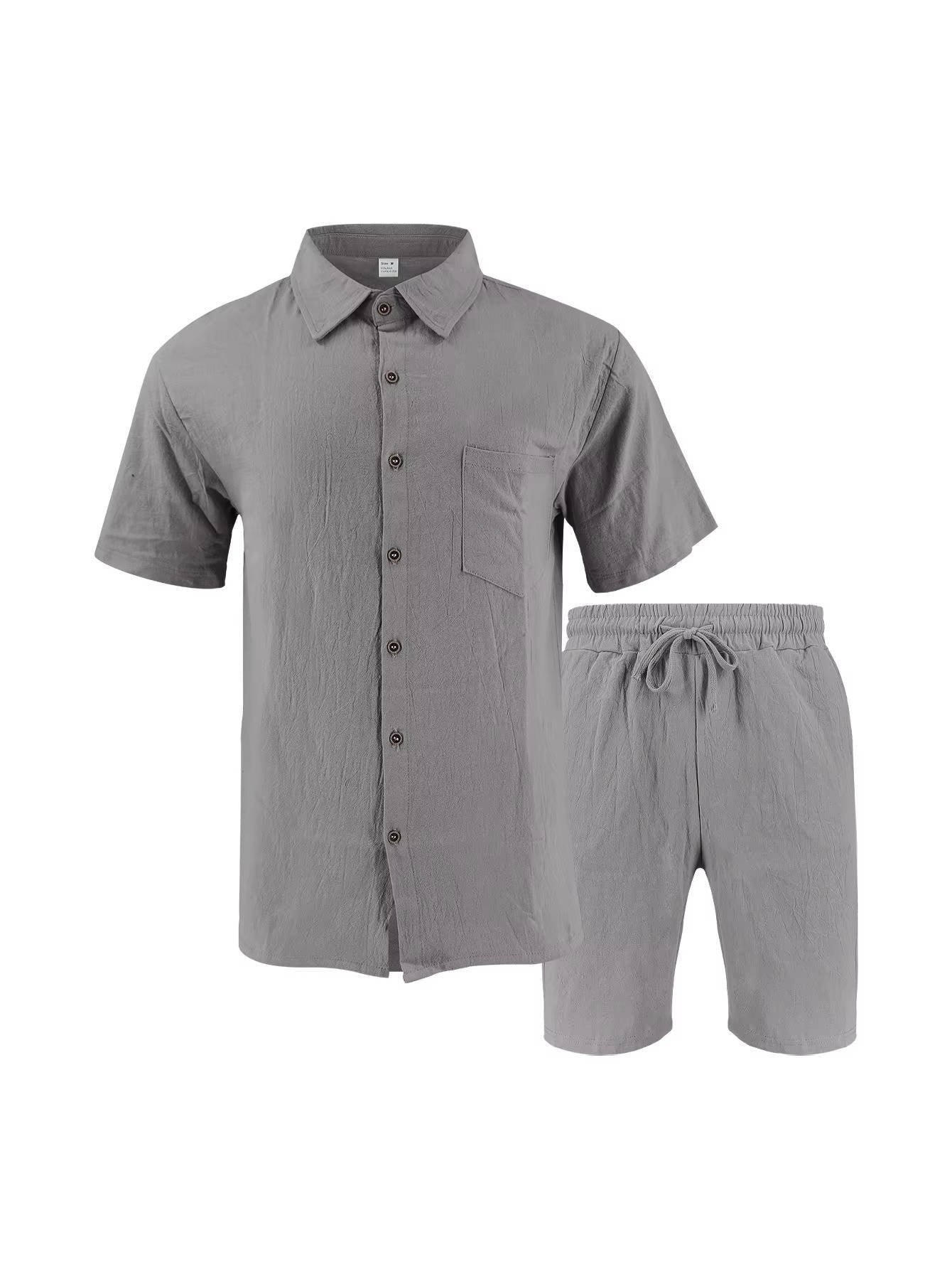 Men's Linen Short Sleeve Button-Up Shirt and Shorts Set for Summer