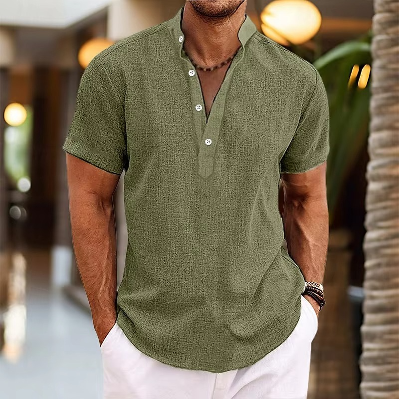 Men's Short Sleeve Casual Linen Henley Top
