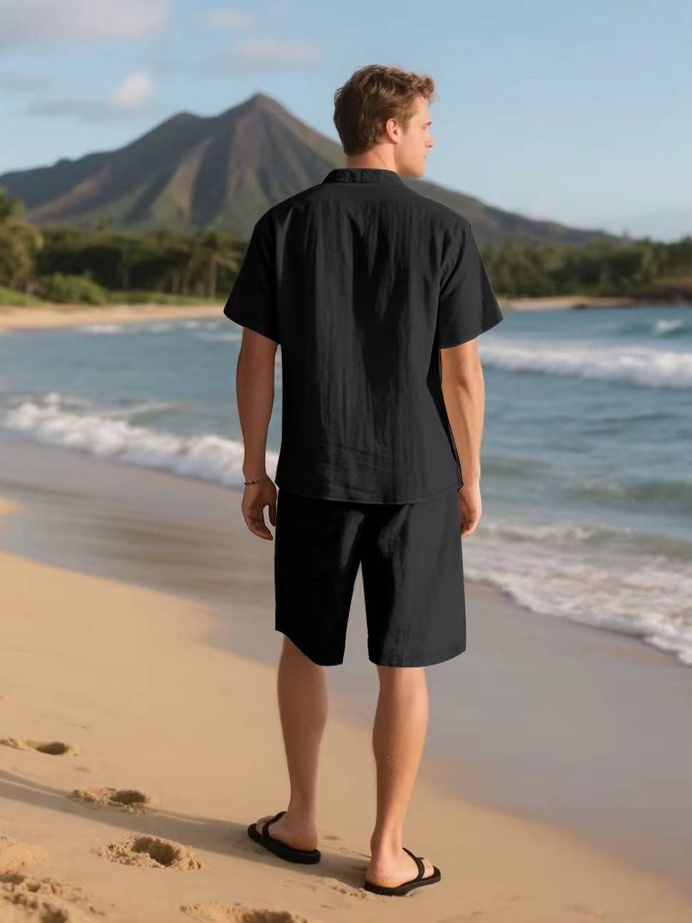 Men's Linen Short Sleeve Button-Up Shirt and Shorts Set for Summer