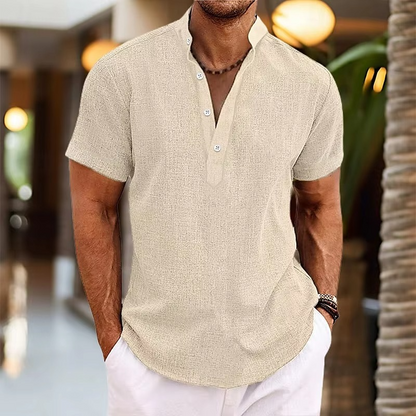 Men's Short Sleeve Casual Linen Henley Top