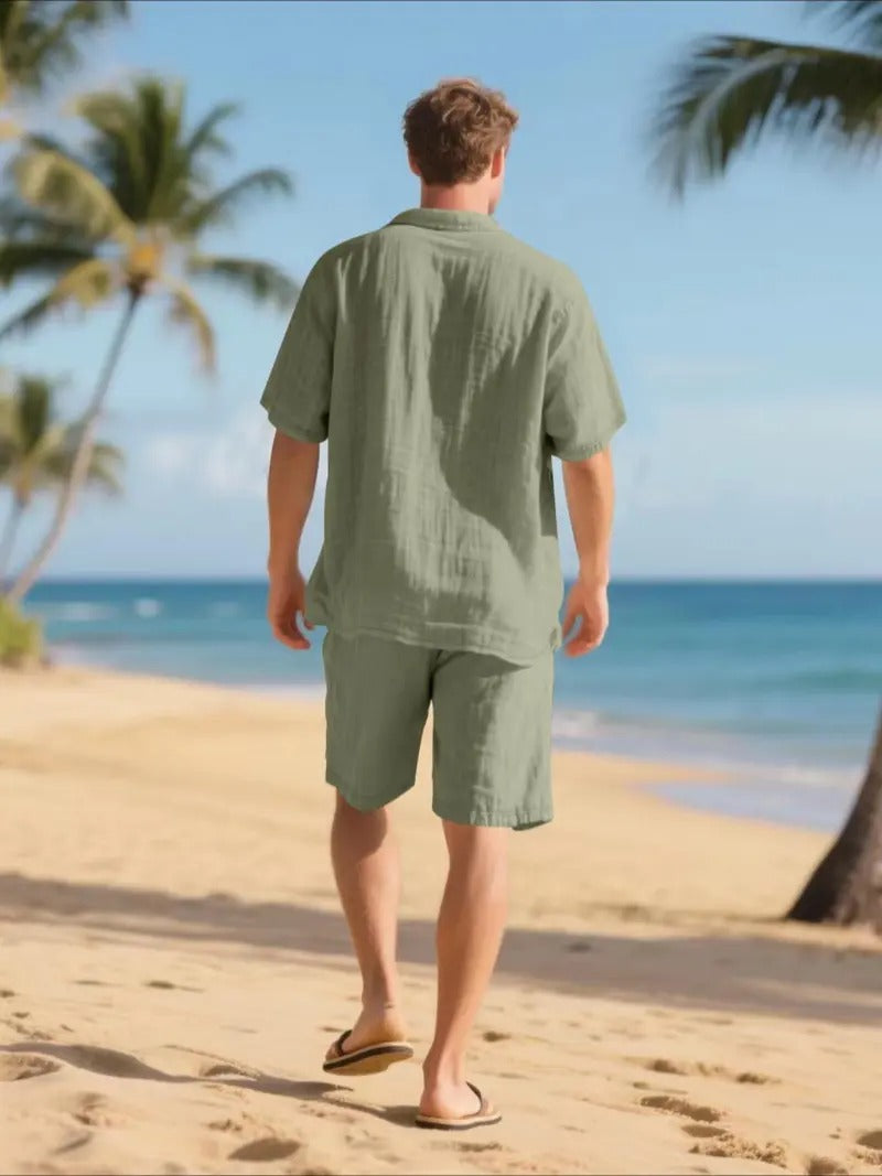 Men's Linen Short Sleeve Button-Up Shirt and Shorts Set for Summer