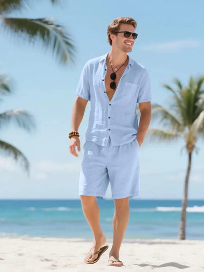 Men's Linen Short Sleeve Button-Up Shirt and Shorts Set for Summer