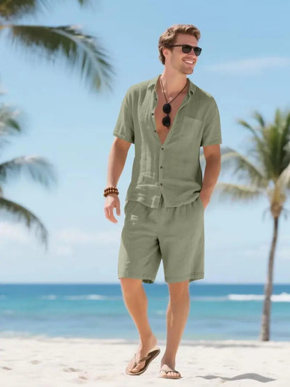 Men's Linen Short Sleeve Button-Up Shirt and Shorts Set for Summer